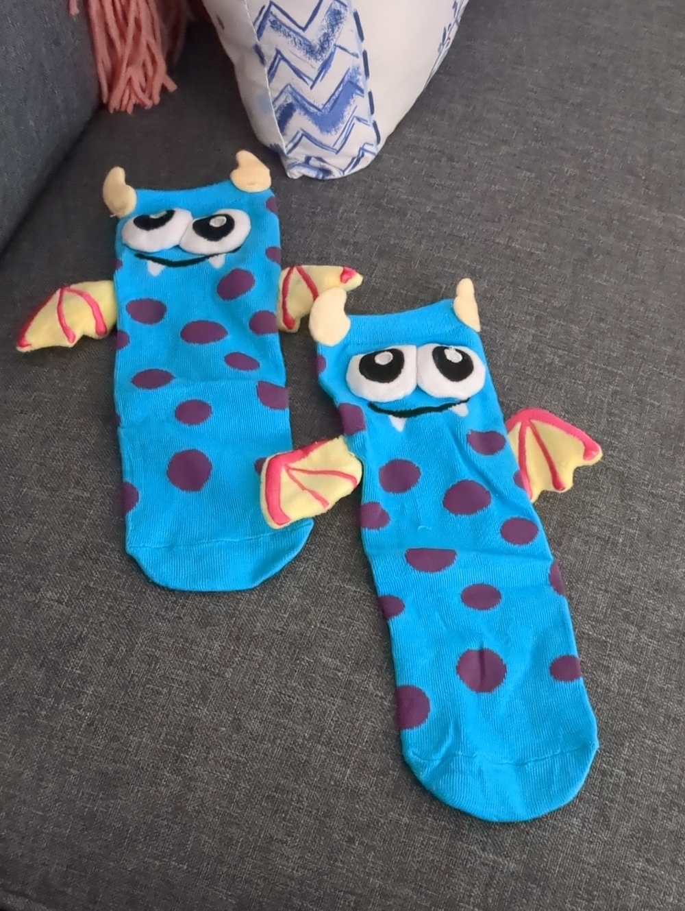 Kids Cute Monster Winged Socks - Blue with Purple Spots